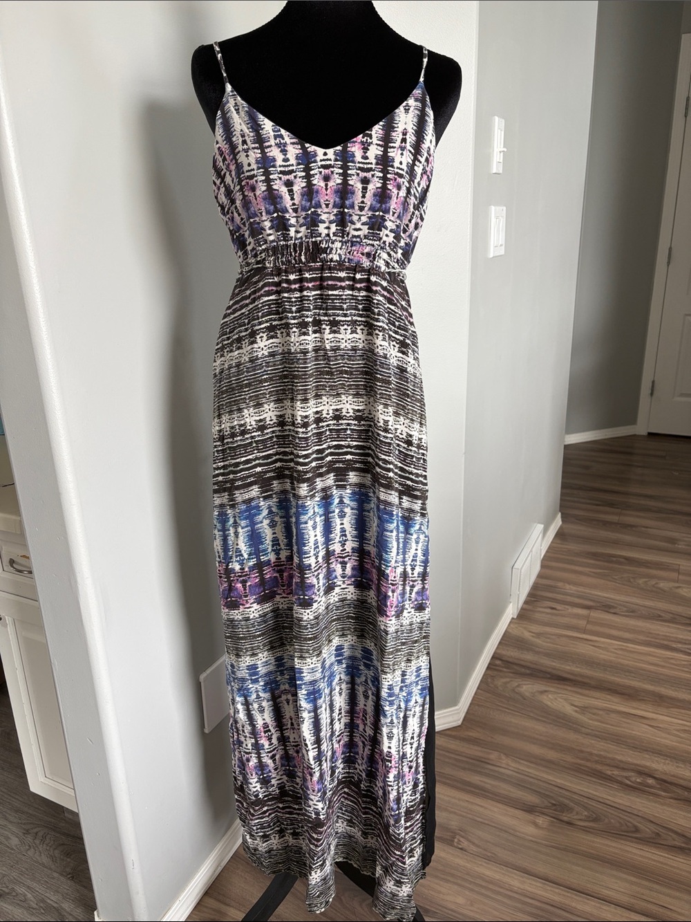 charlie jade 100% Silk  Black Maxi Dress with Blue & Purple Pattern